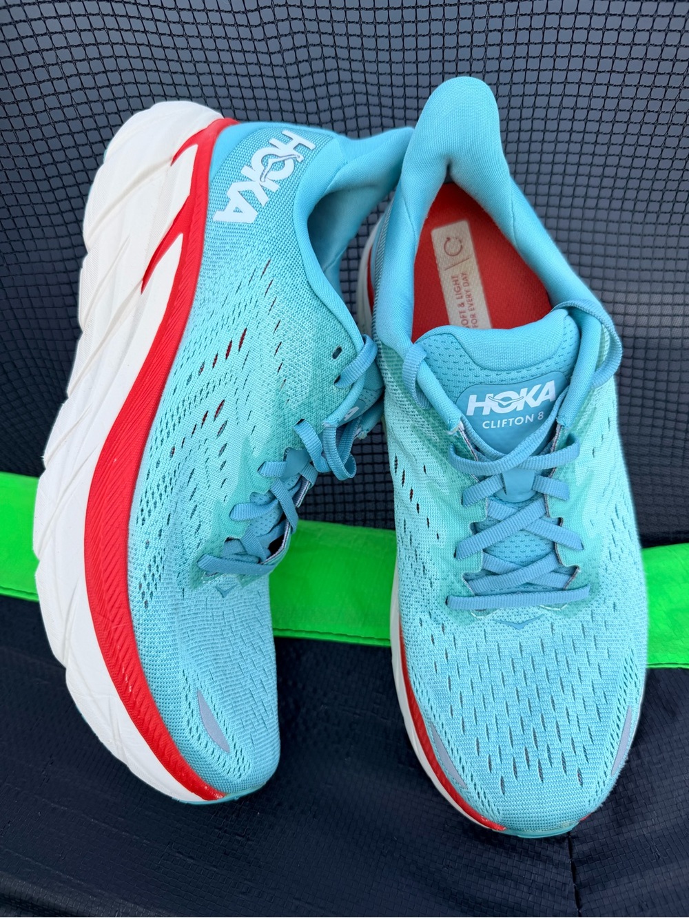 Hoka Clifton 8 Women's Aqua Blue with Red Accent Running Shoes